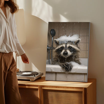 Raccoon Bubble Bath Canvas – Funny Bathroom Wall Art for Hunters