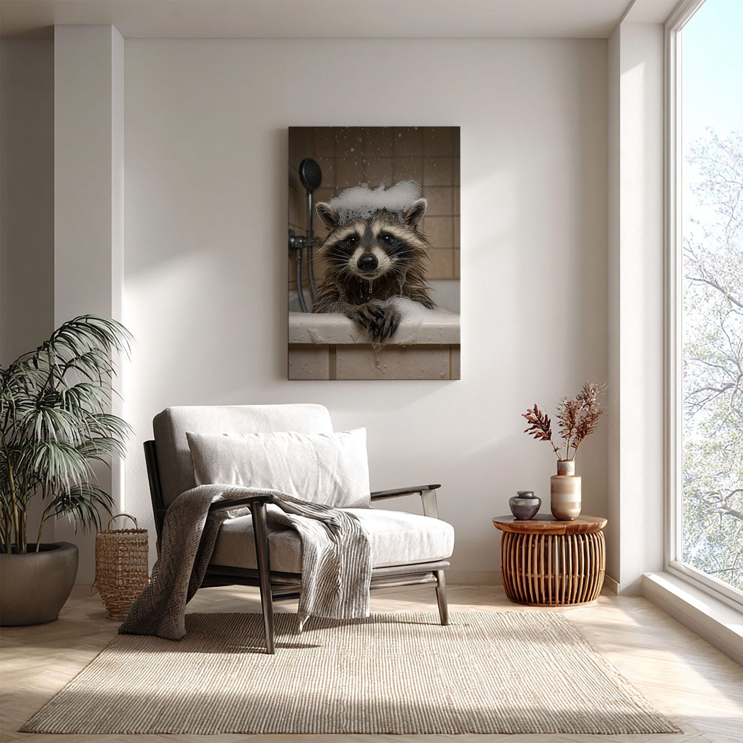 Raccoon Bubble Bath Canvas – Funny Bathroom Wall Art for Hunters