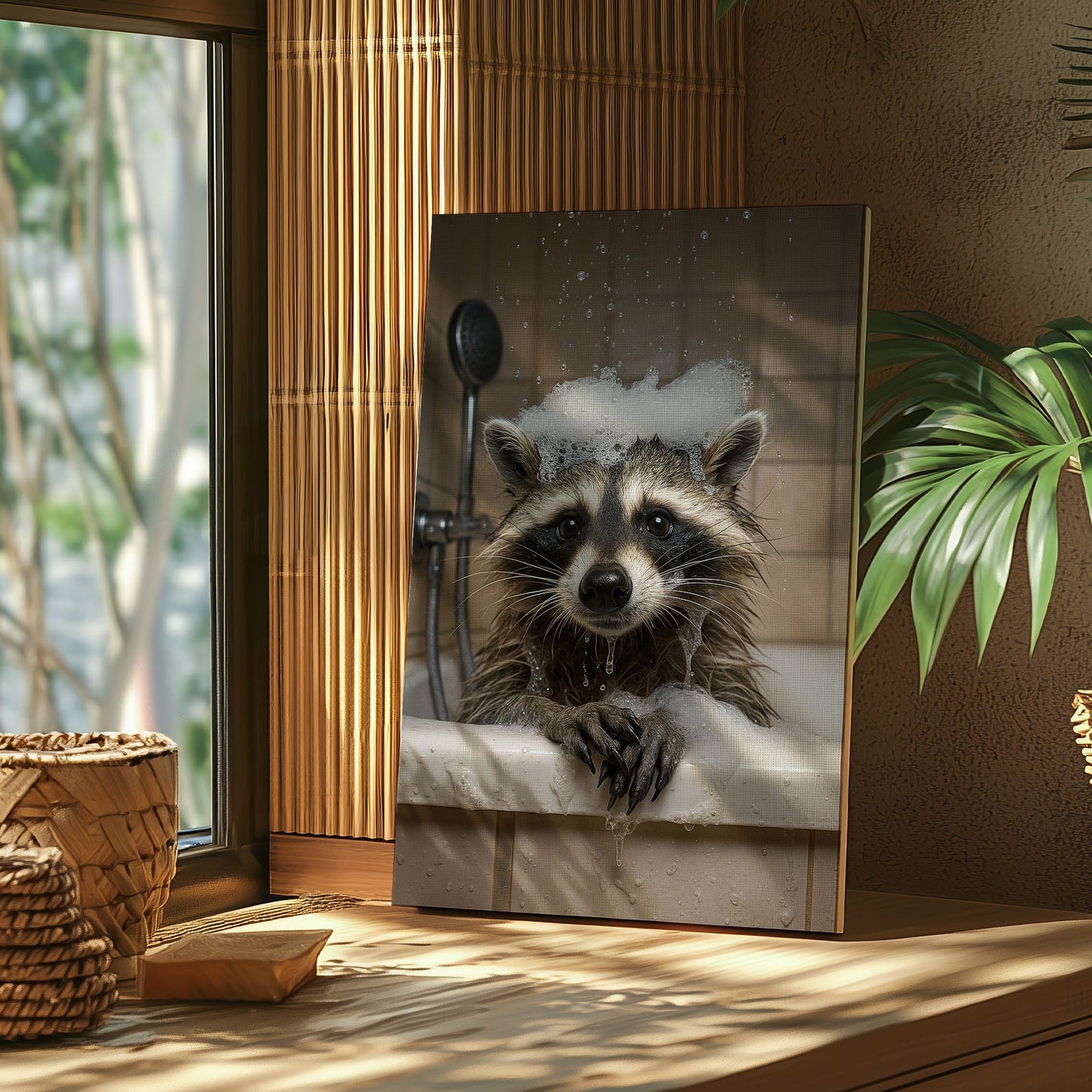 Raccoon Bubble Bath Canvas – Funny Bathroom Wall Art for Hunters