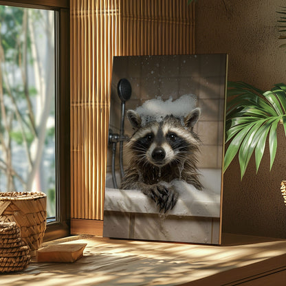 Raccoon Bubble Bath Canvas – Funny Bathroom Wall Art for Hunters