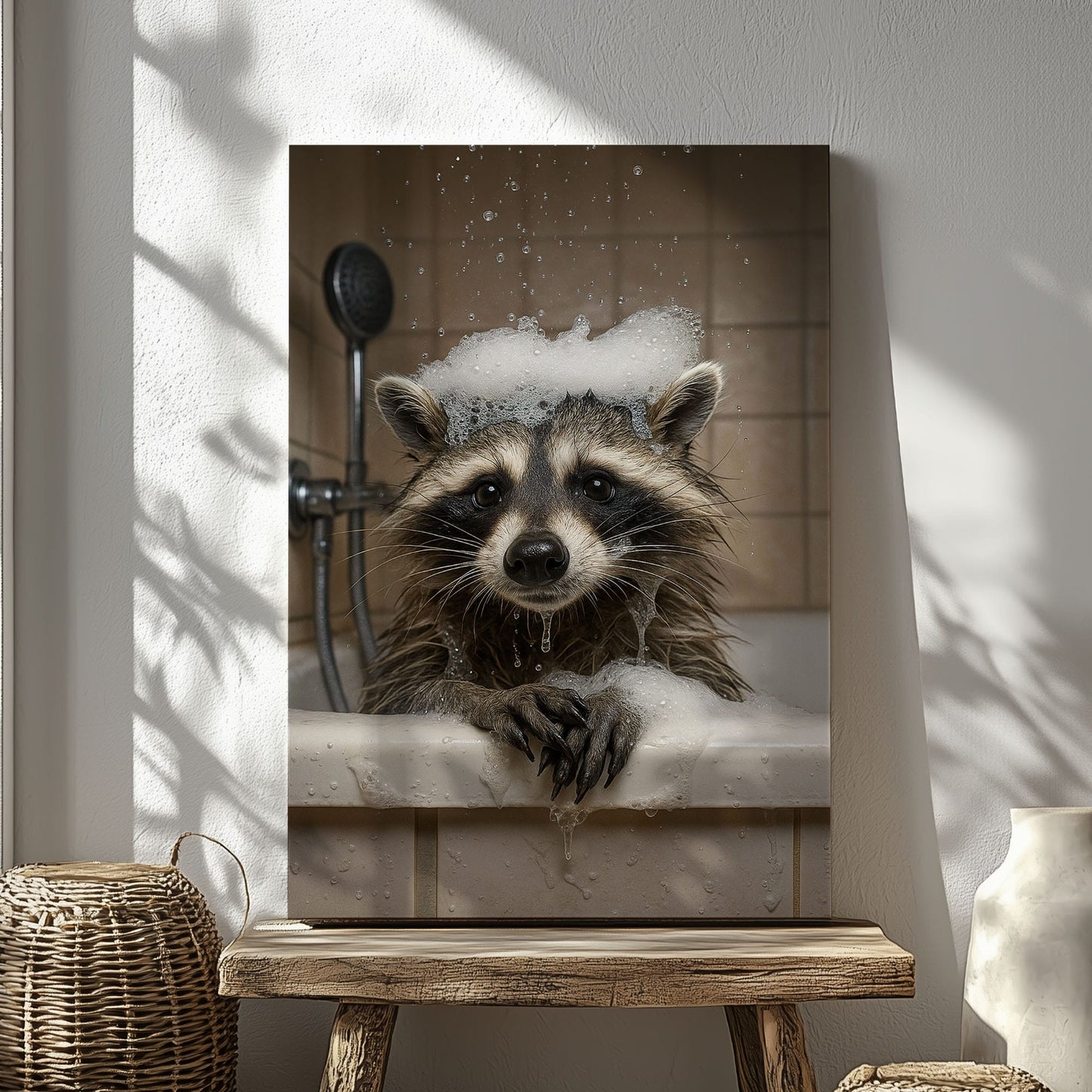 Raccoon Bubble Bath Canvas – Funny Bathroom Wall Art for Hunters