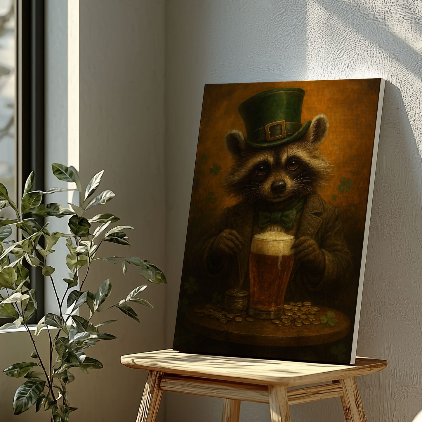 Leprechaun Raccoon Beer Canvas – Funny Cabin Wall Art for Hunters