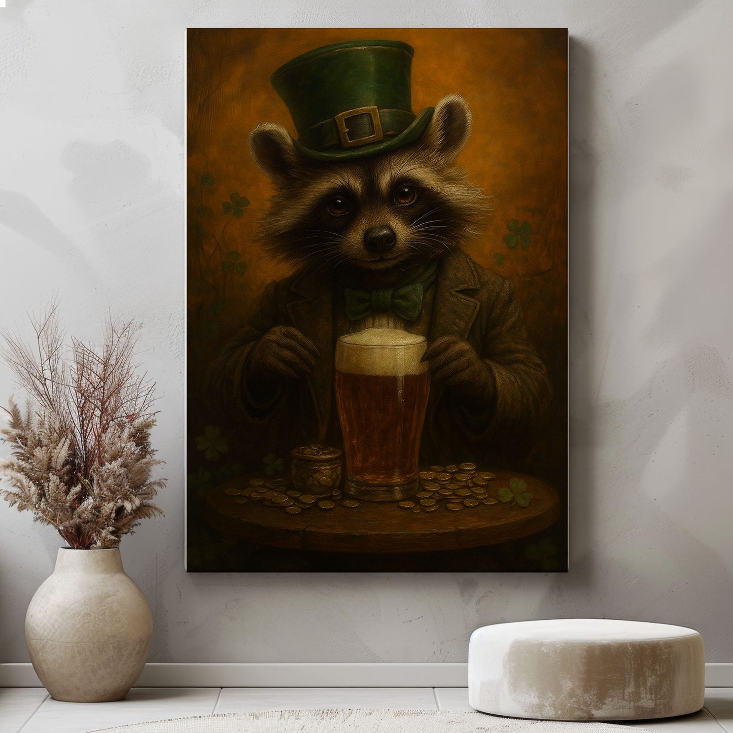 Leprechaun Raccoon Beer Canvas – Funny Cabin Wall Art for Hunters