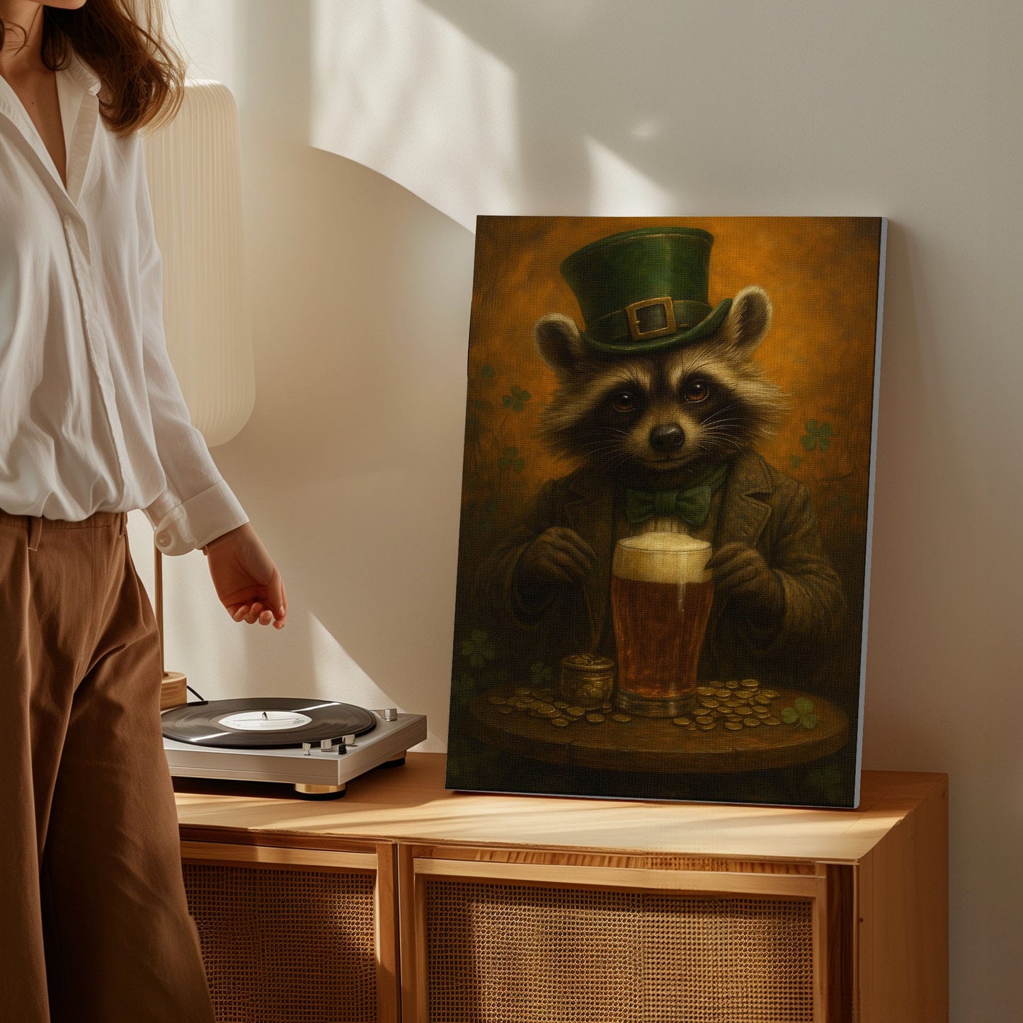 Leprechaun Raccoon Beer Canvas – Funny Cabin Wall Art for Hunters