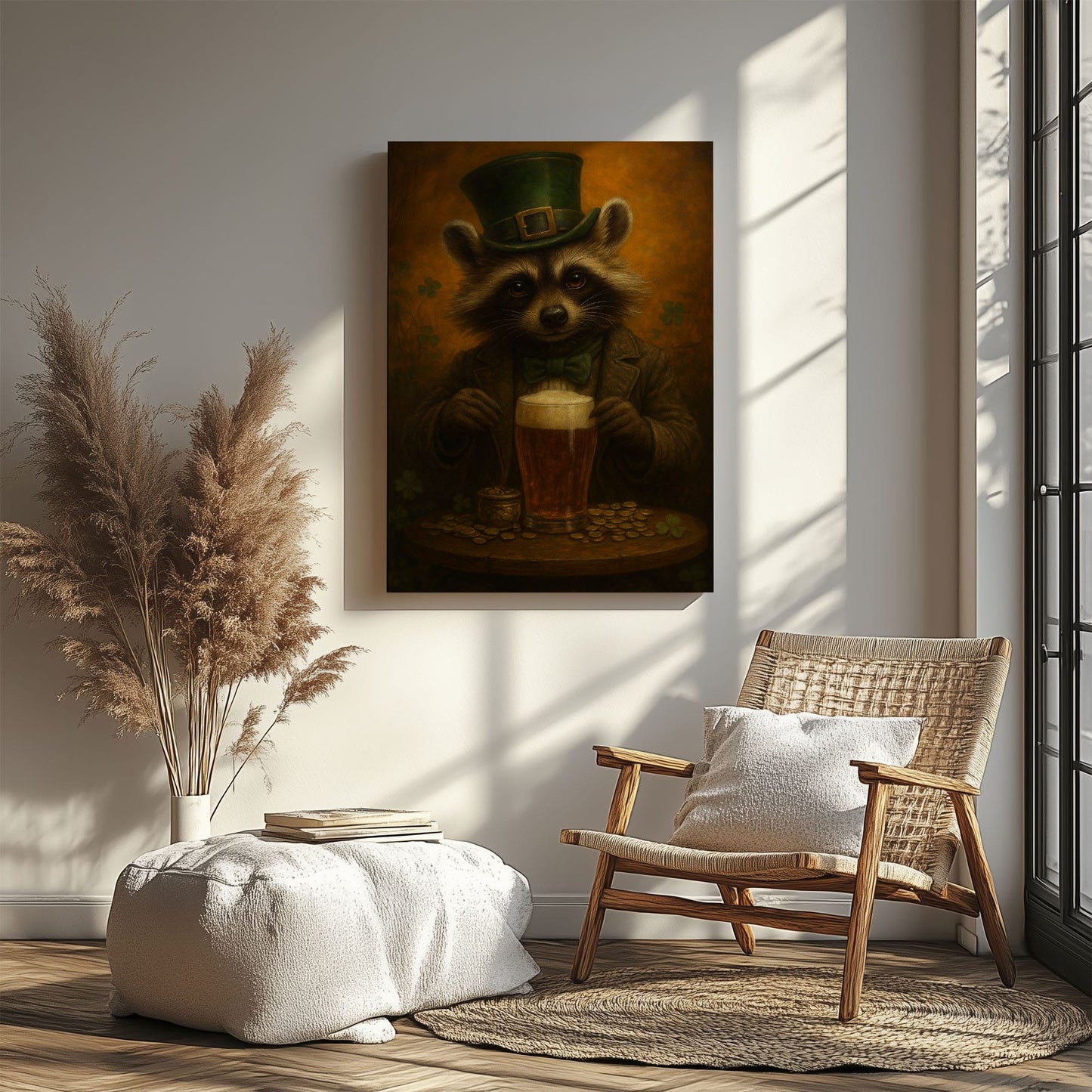 Leprechaun Raccoon Beer Canvas – Funny Cabin Wall Art for Hunters