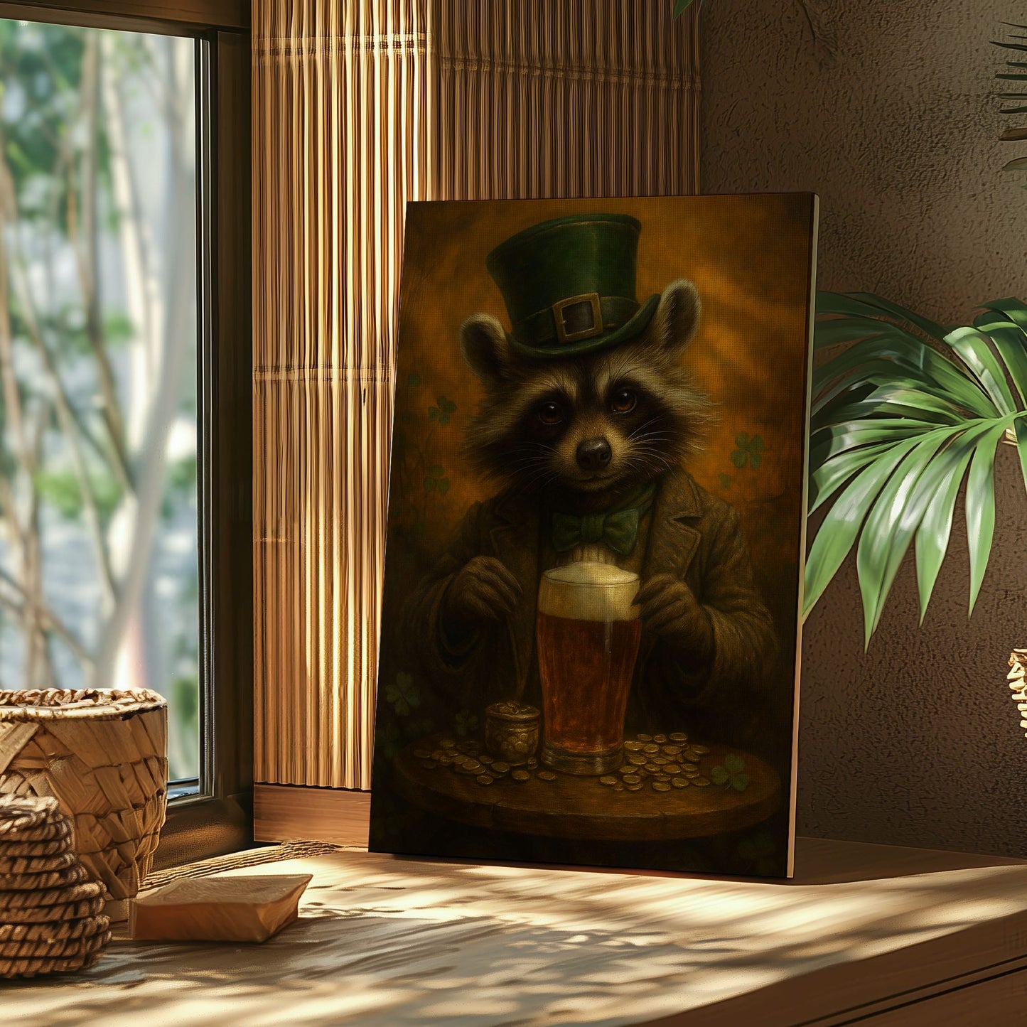 Leprechaun Raccoon Beer Canvas – Funny Cabin Wall Art for Hunters
