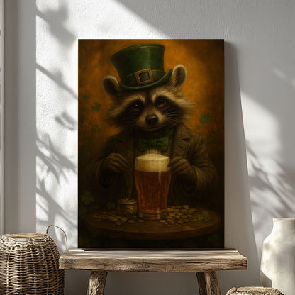 Leprechaun Raccoon Beer Canvas – Funny Cabin Wall Art for Hunters