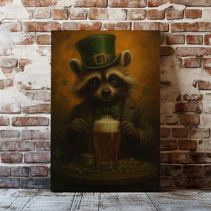 Leprechaun Raccoon Beer Canvas – Funny Cabin Wall Art for Hunters