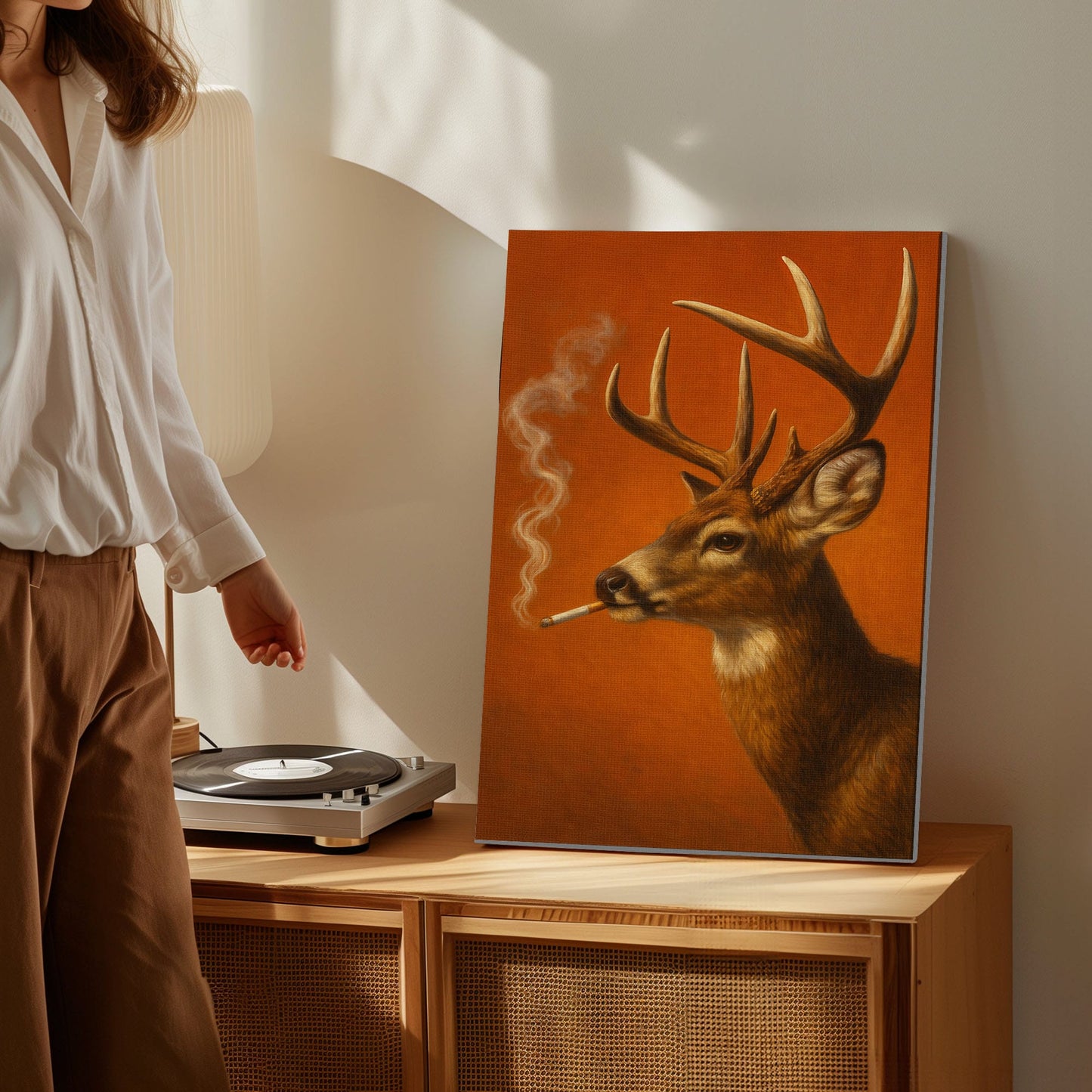 Rustic Deer Smoking Wall Art Cabin Canvas for Hunters