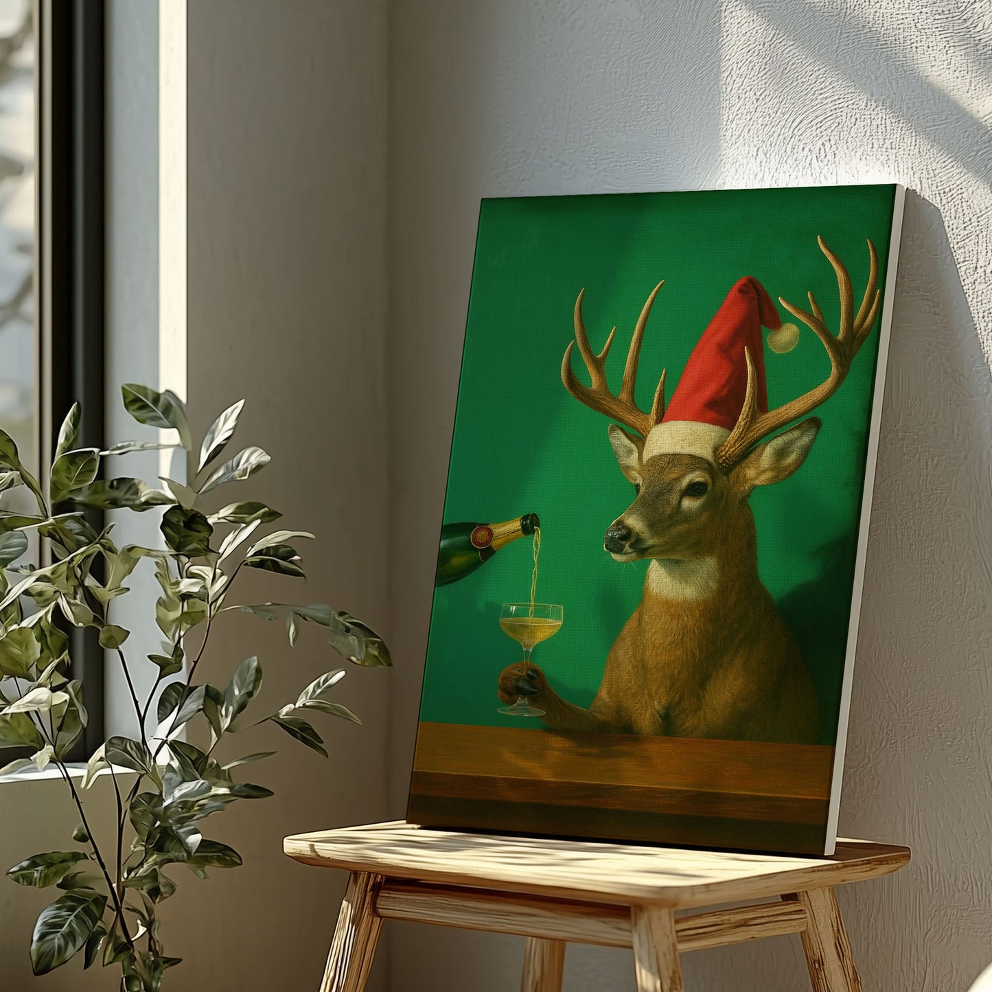 Funny Reindeer Christmas Print: Deer Champagne Cocktail Bar Wall Art Canvas