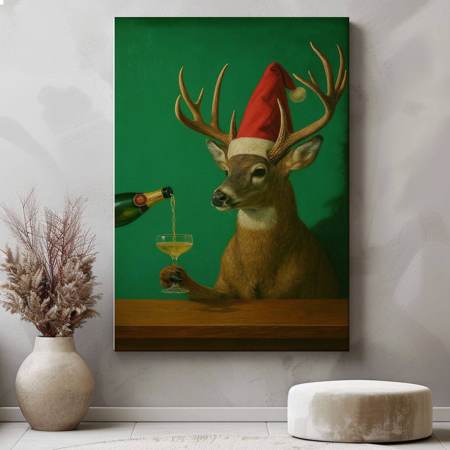 Funny Reindeer Christmas Print: Deer Champagne Cocktail Bar Wall Art Canvas