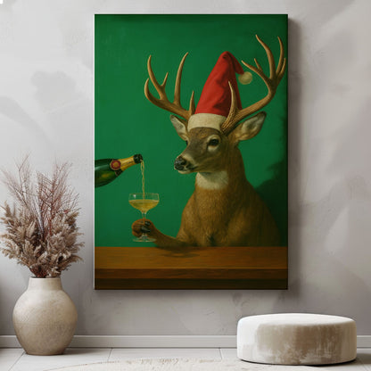 Funny Reindeer Christmas Print: Deer Champagne Cocktail Bar Wall Art Canvas