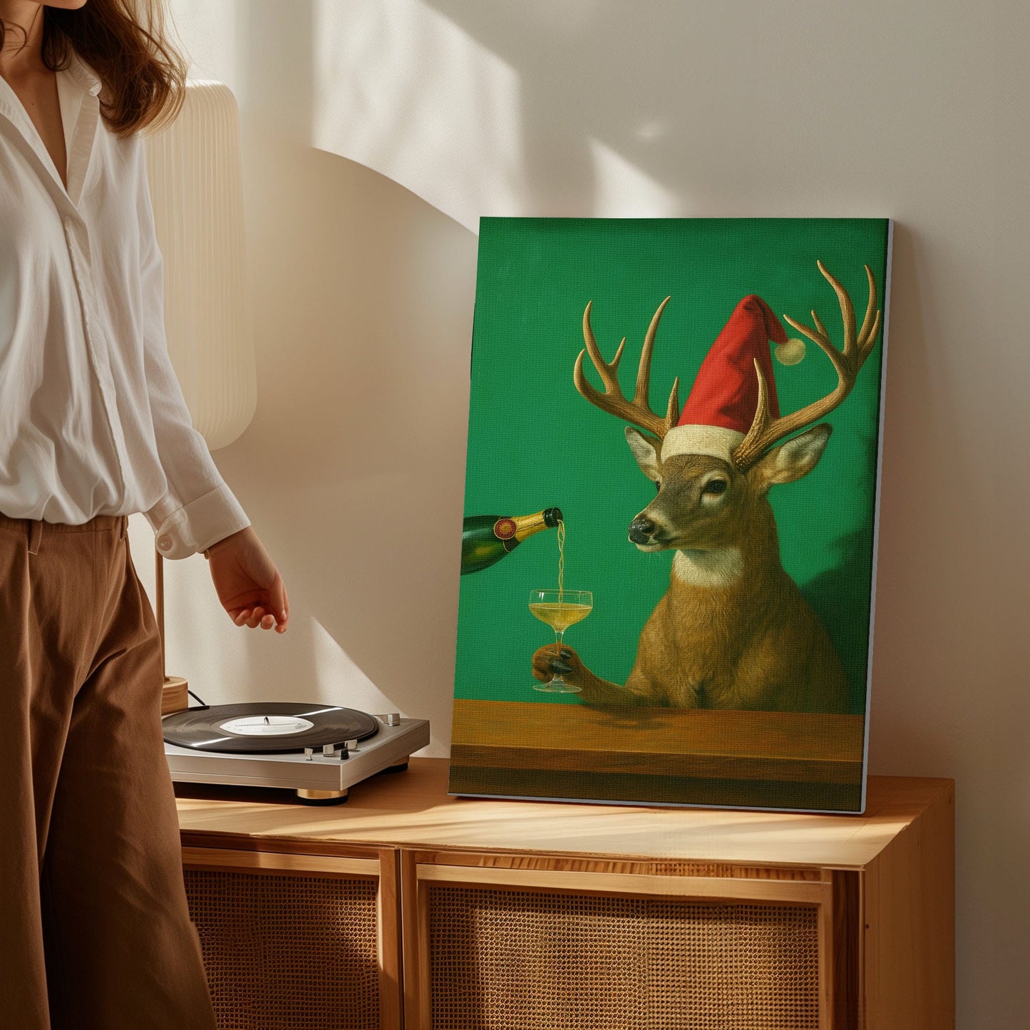 Funny Reindeer Christmas Print: Deer Champagne Cocktail Bar Wall Art Canvas