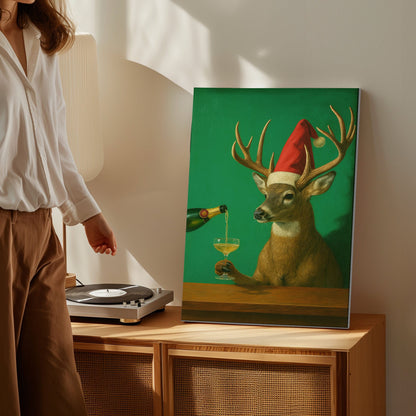 Funny Reindeer Christmas Print: Deer Champagne Cocktail Bar Wall Art Canvas