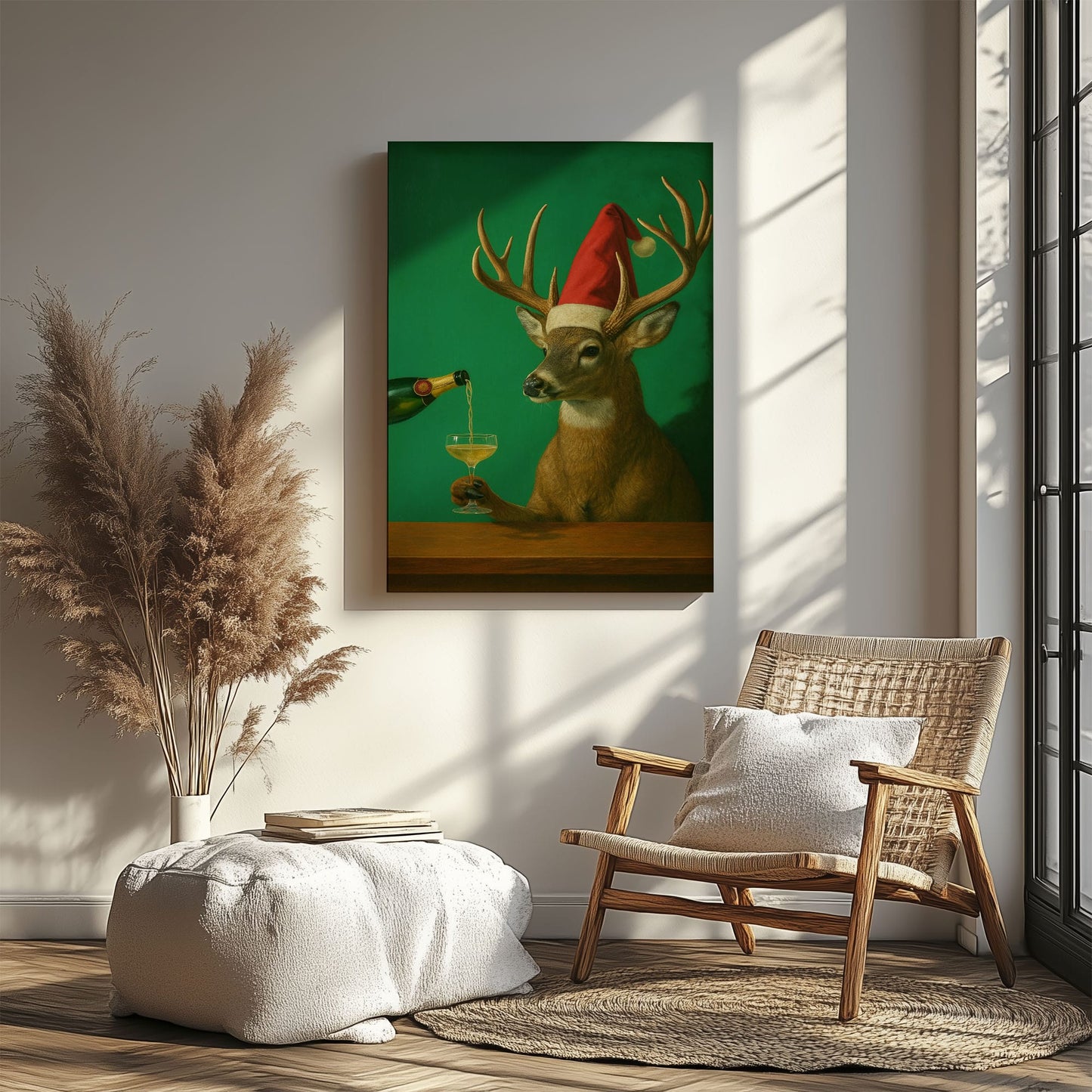Funny Reindeer Christmas Print: Deer Champagne Cocktail Bar Wall Art Canvas