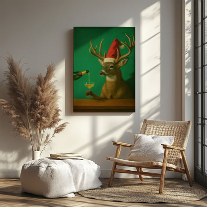 Funny Reindeer Christmas Print: Deer Champagne Cocktail Bar Wall Art Canvas