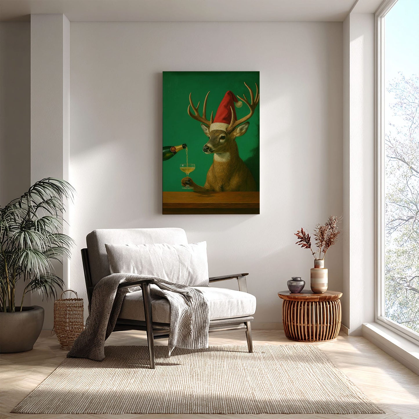 Funny Reindeer Christmas Print: Deer Champagne Cocktail Bar Wall Art Canvas