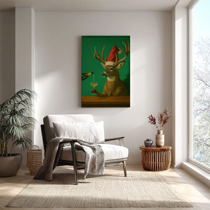 Funny Reindeer Christmas Print: Deer Champagne Cocktail Bar Wall Art Canvas