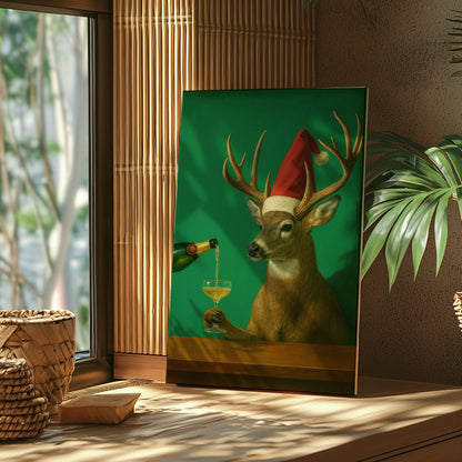 Funny Reindeer Christmas Print: Deer Champagne Cocktail Bar Wall Art Canvas