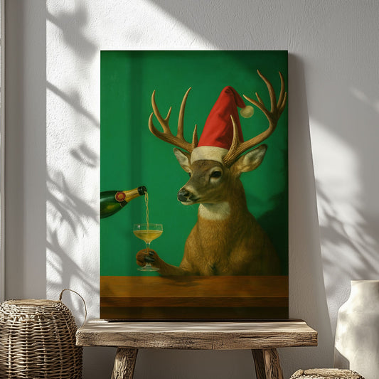 Funny Reindeer Christmas Print: Deer Champagne Cocktail Bar Wall Art Canvas