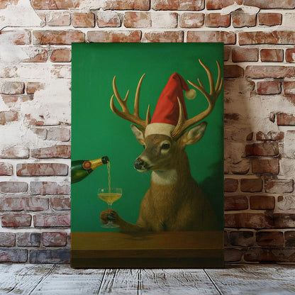 Funny Reindeer Christmas Print: Deer Champagne Cocktail Bar Wall Art Canvas