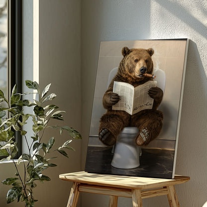 Bear Reading Newspaper Canvas Funny Cabin Bathroom Art