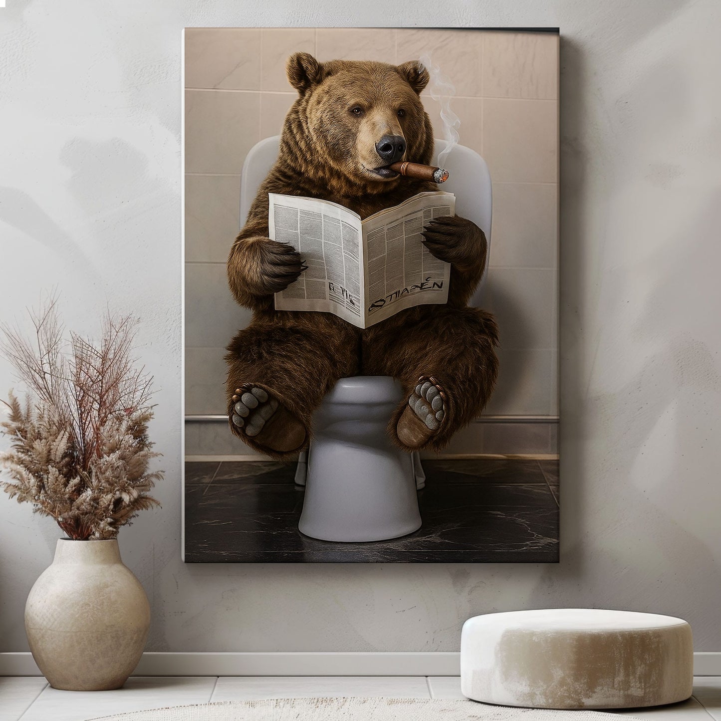 Bear Reading Newspaper Canvas Funny Cabin Bathroom Art