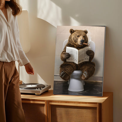 Bear Reading Newspaper Canvas Funny Cabin Bathroom Art