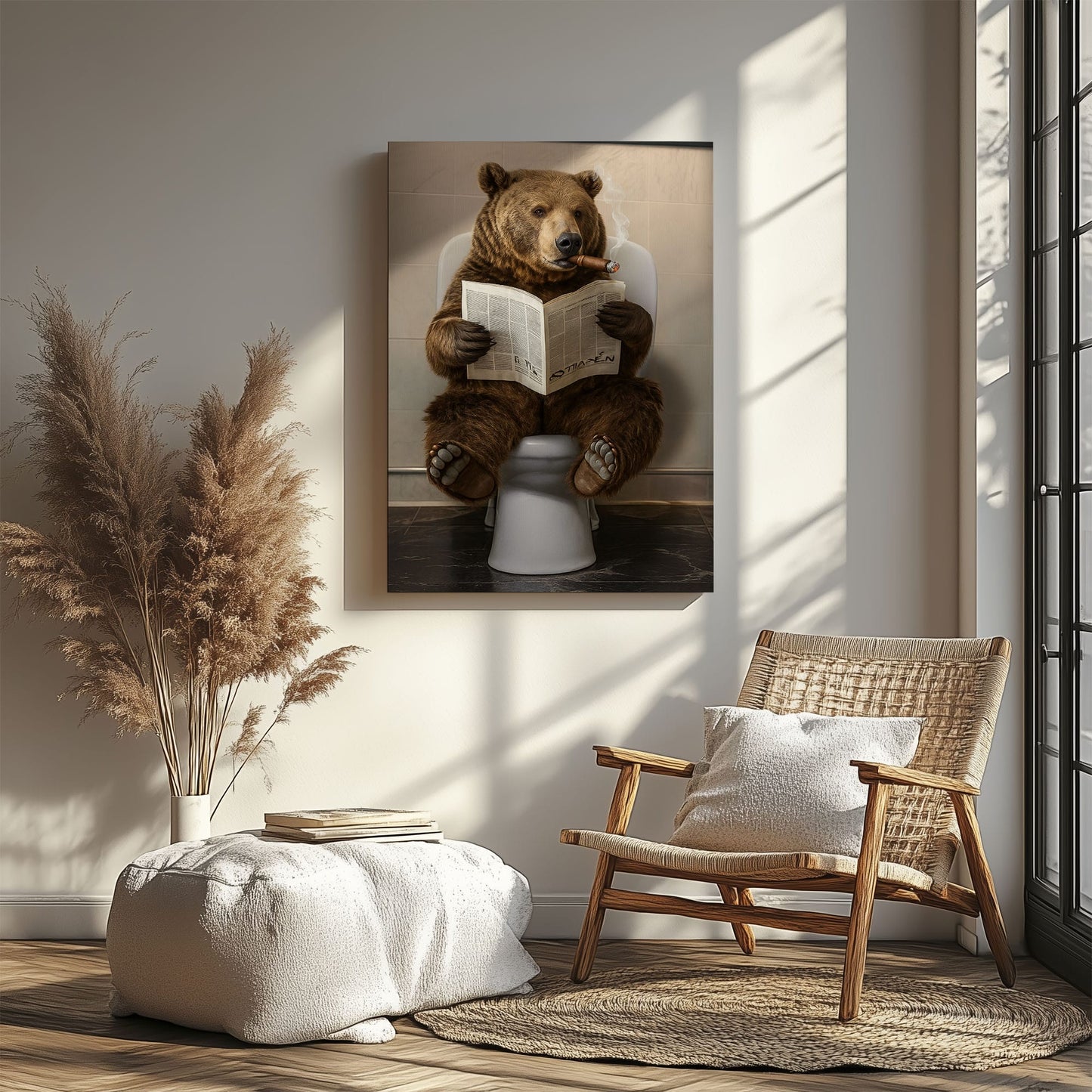 Bear Reading Newspaper Canvas Funny Cabin Bathroom Art