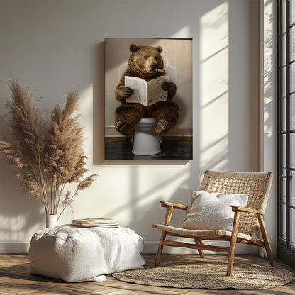 Bear Reading Newspaper Canvas Funny Cabin Bathroom Art