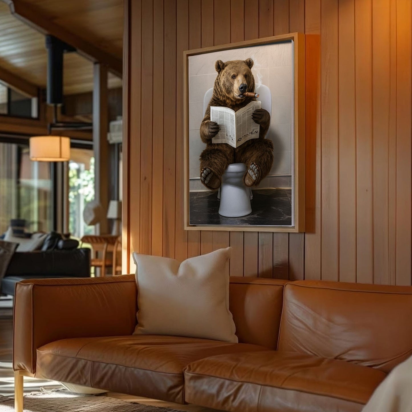 Bear Reading Newspaper Canvas Funny Cabin Bathroom Art