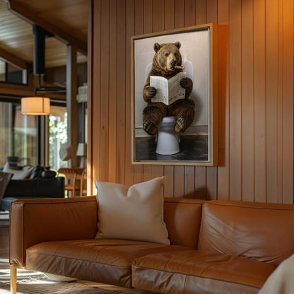 Bear Reading Newspaper Canvas Funny Cabin Bathroom Art