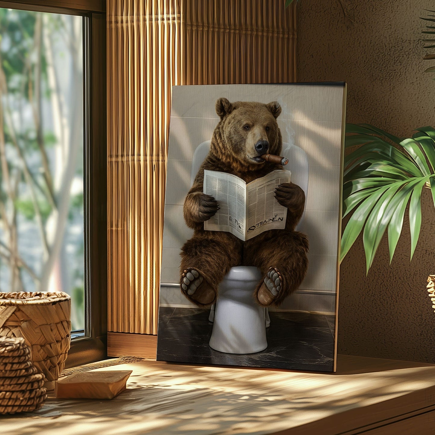 Bear Reading Newspaper Canvas Funny Cabin Bathroom Art