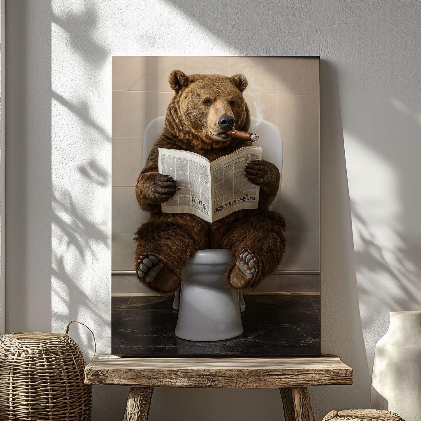 Bear Reading Newspaper Canvas Funny Cabin Bathroom Art