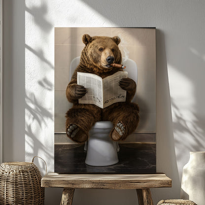 Bear Reading Newspaper Canvas Funny Cabin Bathroom Art