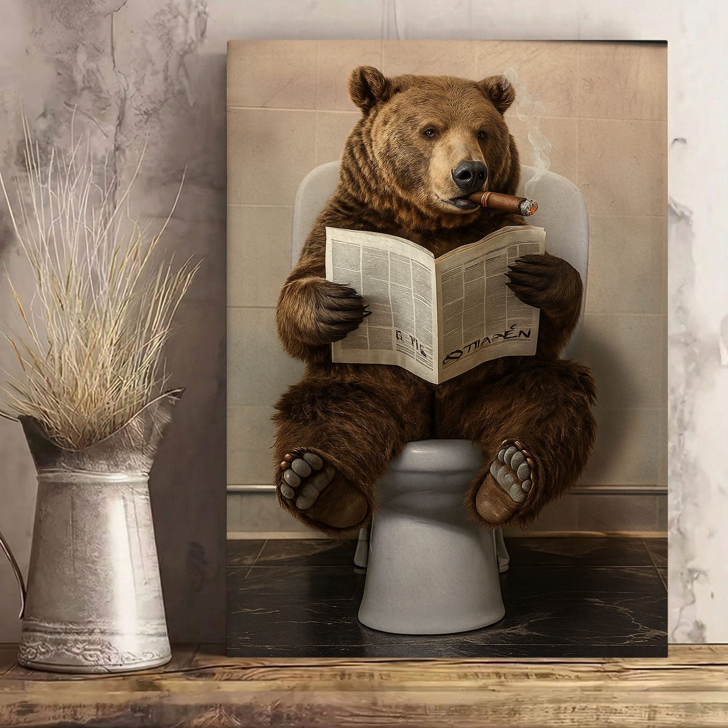 Bear Reading Newspaper Canvas Funny Cabin Bathroom Art