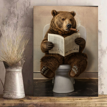 Bear Reading Newspaper Canvas Funny Cabin Bathroom Art