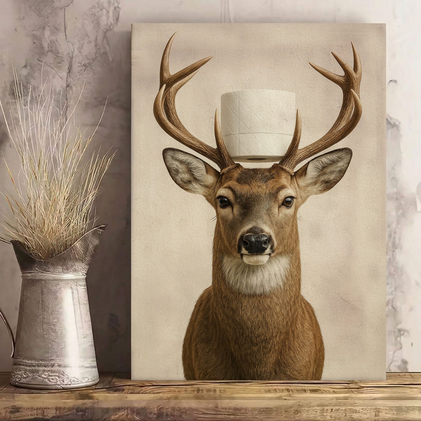 Deer With Toilet Paper Canvas Cabin Bathroom Wall Art