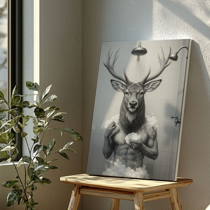 Deer Taking a Bath Canvas Rustic Lodge Bathroom Art