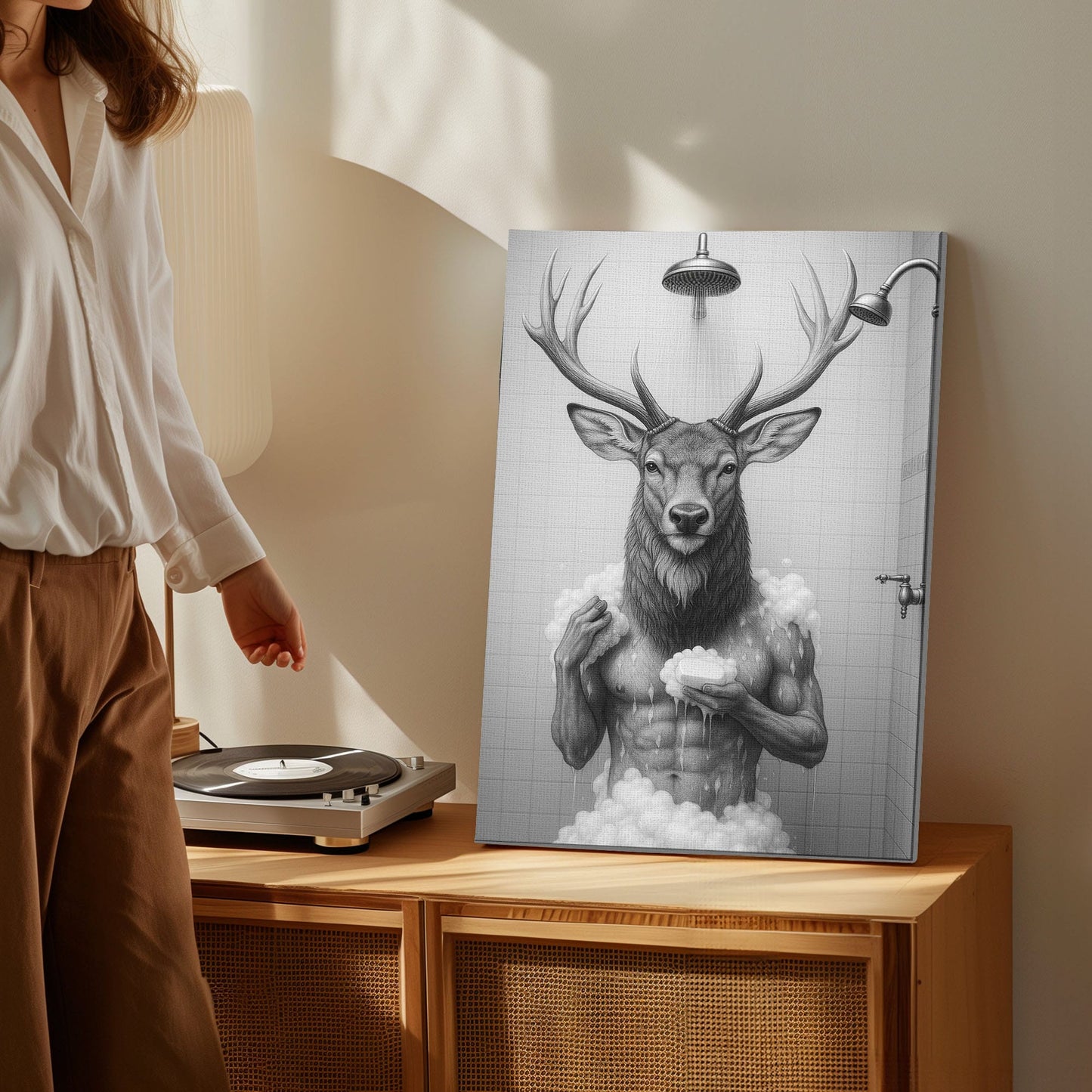 Deer Taking a Bath Canvas Rustic Lodge Bathroom Art