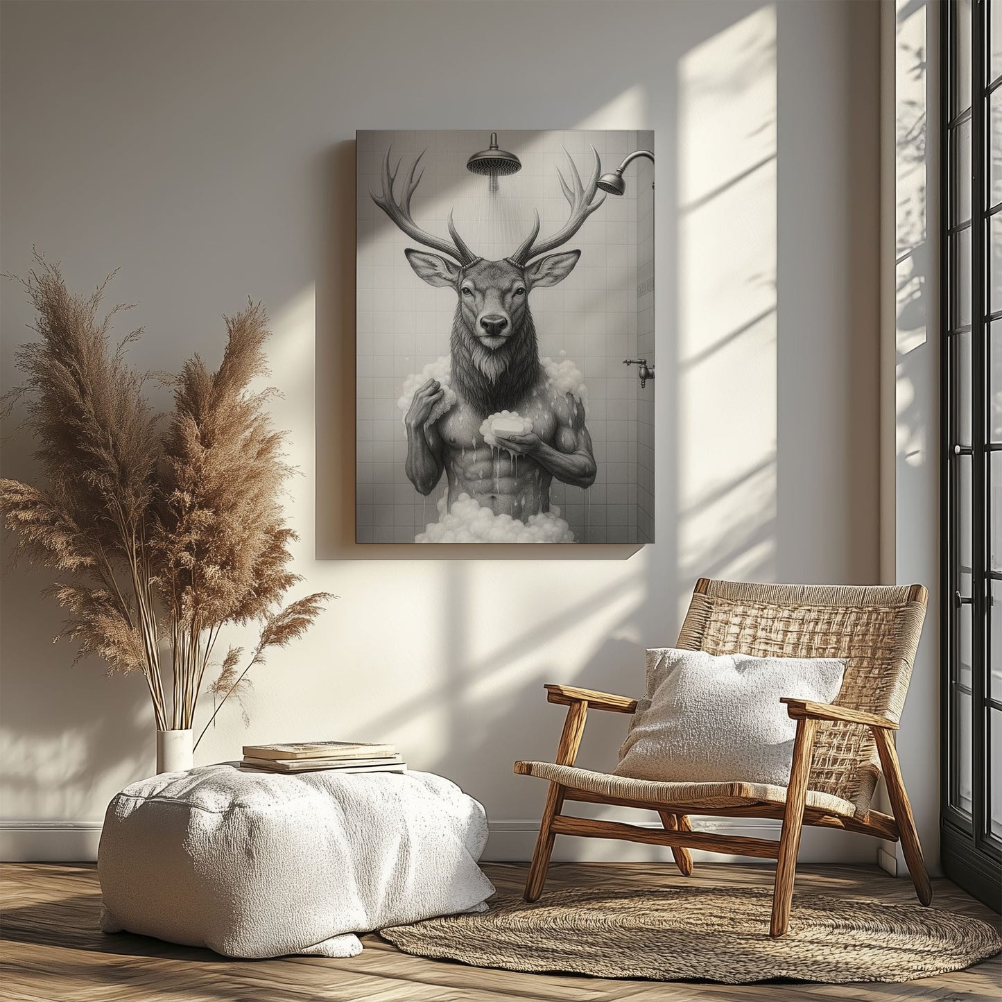 Deer Taking a Bath Canvas Rustic Lodge Bathroom Art