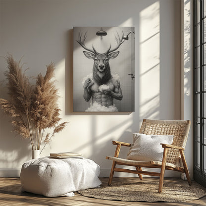 Deer Taking a Bath Canvas Rustic Lodge Bathroom Art