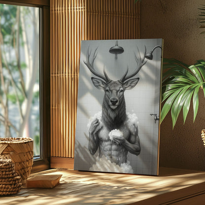 Deer Taking a Bath Canvas Rustic Lodge Bathroom Art
