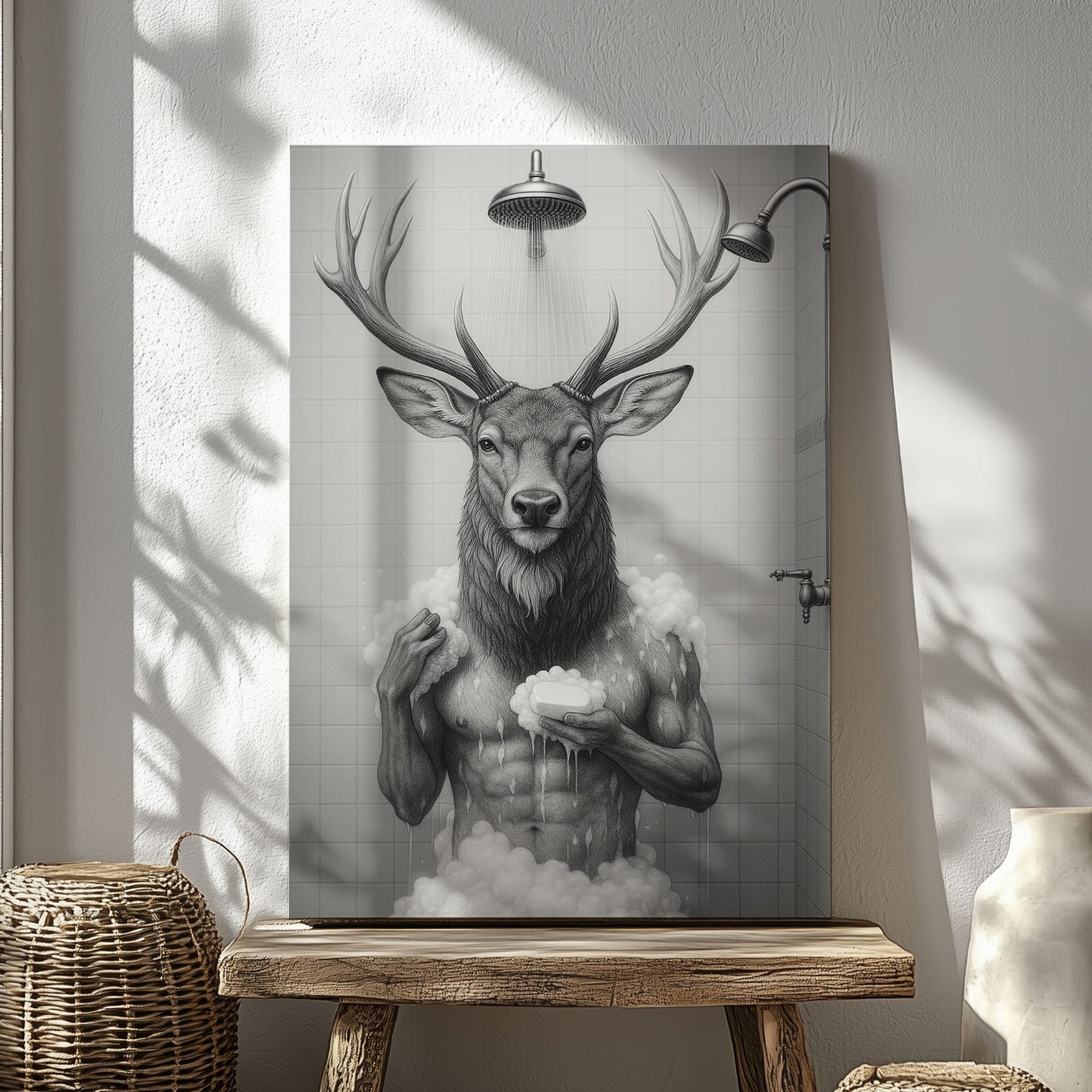 Deer Taking a Bath Canvas Rustic Lodge Bathroom Art