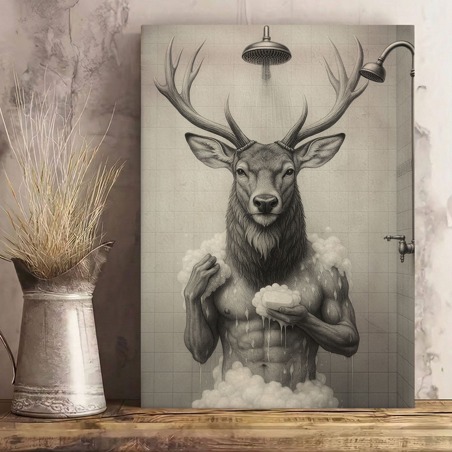 Deer Taking a Bath Canvas Rustic Lodge Bathroom Art