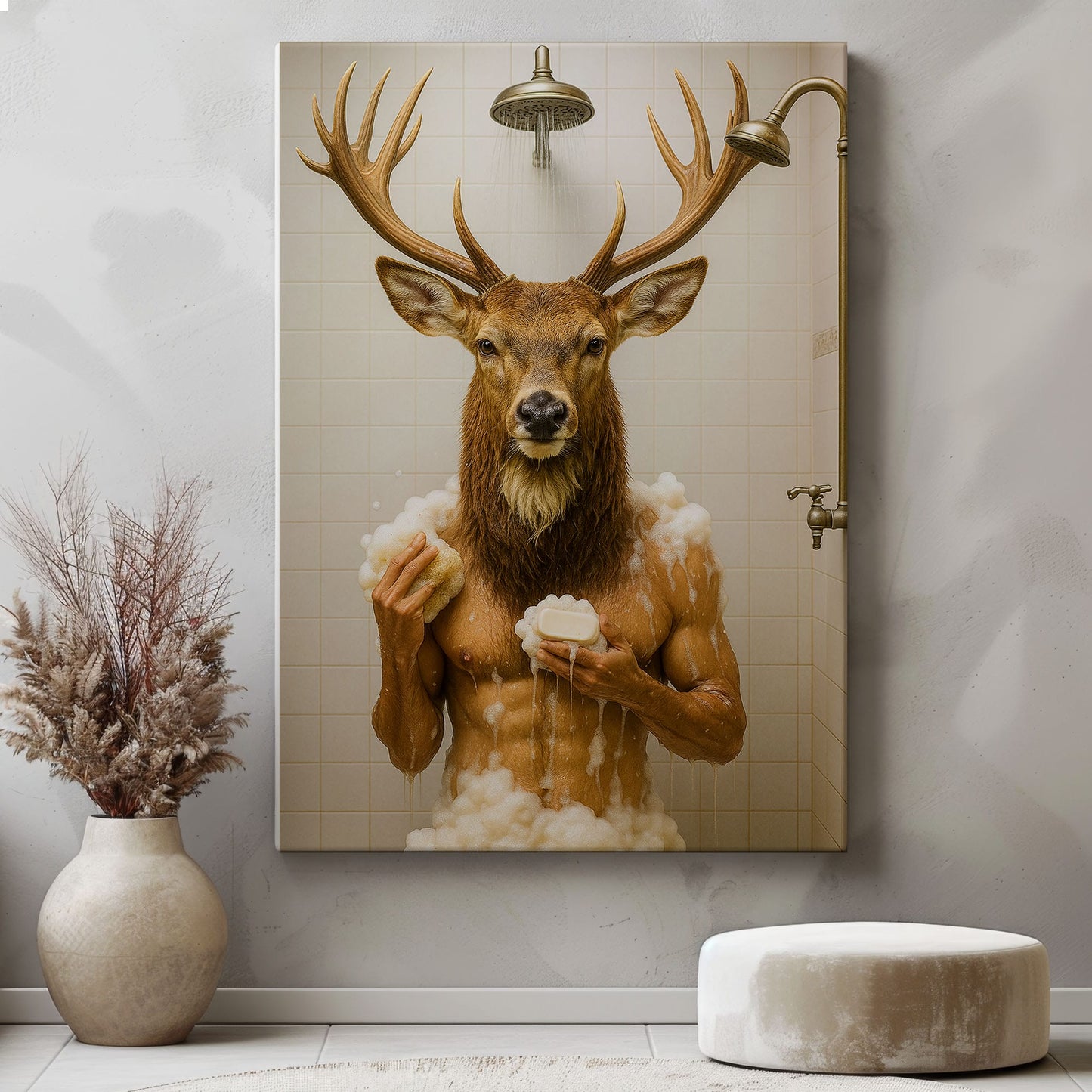 Funny Deer Shower Canvas Hilarious Bathroom Wall Art