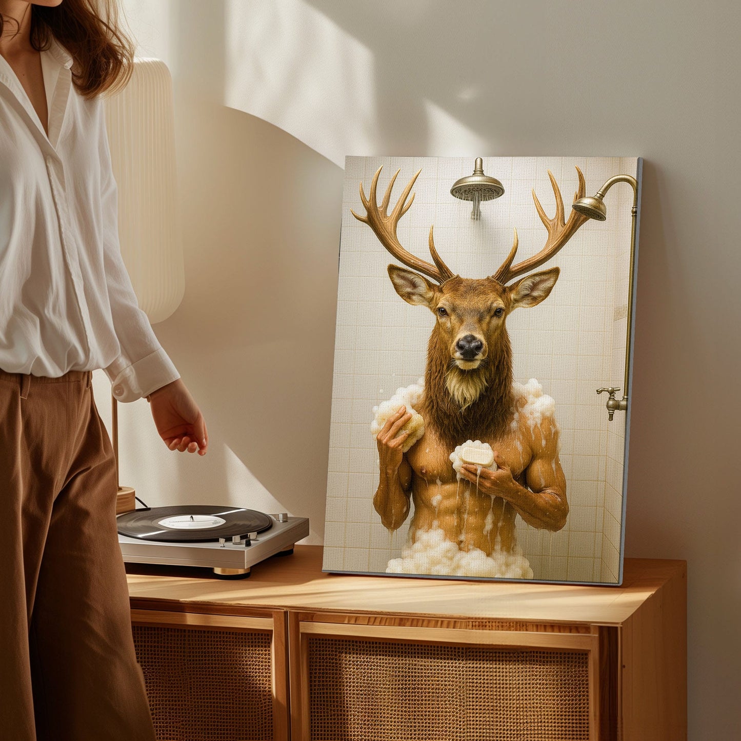 Funny Deer Shower Canvas Hilarious Bathroom Wall Art