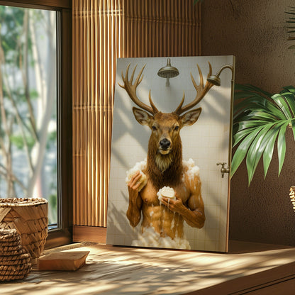 Funny Deer Shower Canvas Hilarious Bathroom Wall Art