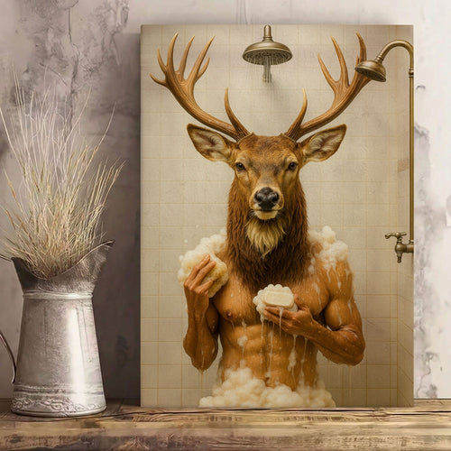 Funny Deer Shower Canvas Hilarious Bathroom Wall Art
