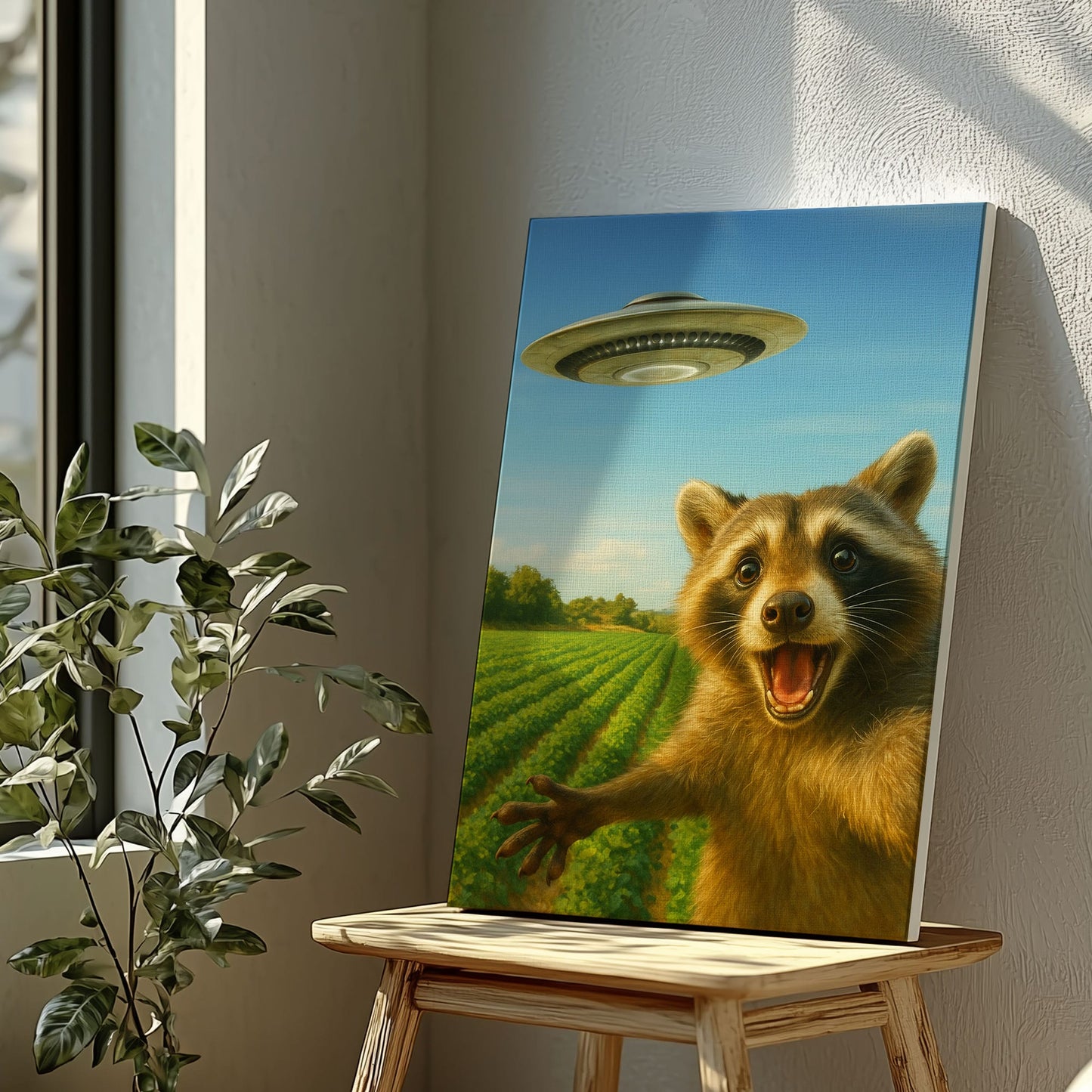 UFO Raccoon Canvas – Funny Alien Encounter Wall Art
